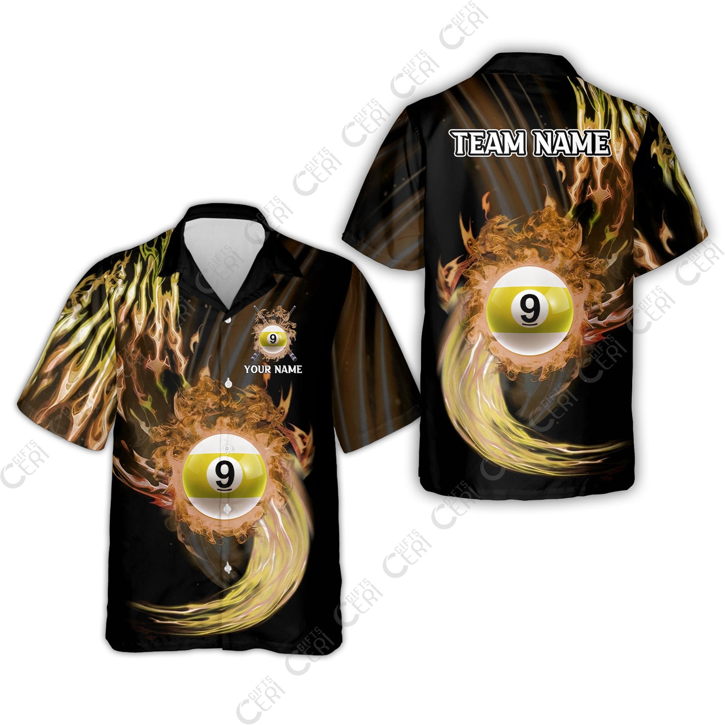 Customized 9 Ball Pool Hawaiian Shirt, 9-Ball Swirling Fire And Glowing Smoke, Billiards Jerseys