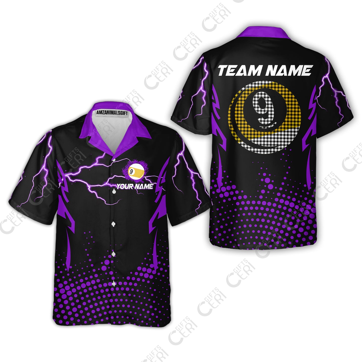 Customized Billiards Hawaiian Shirt, Lightning Graphics With Dots 9 Ball Pool Jersey