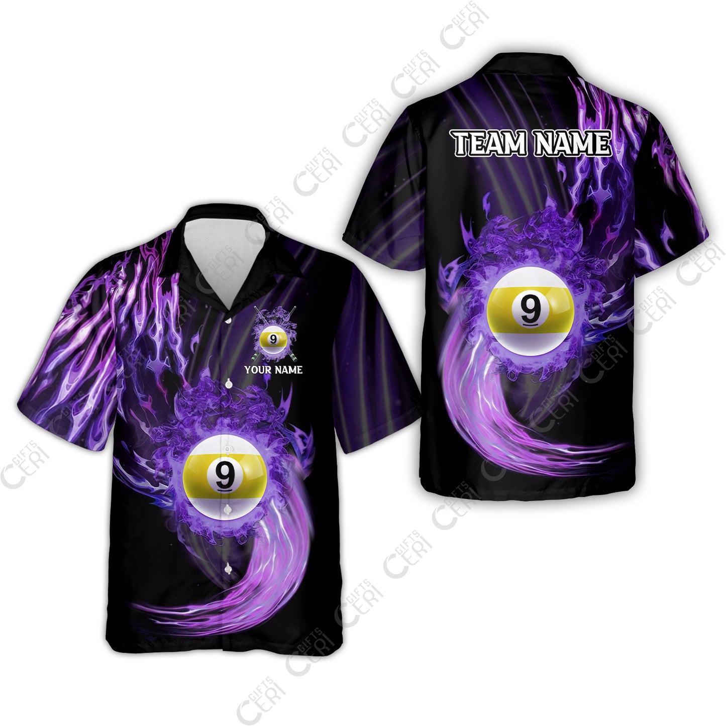 Customized 9 Ball Pool Hawaiian Shirt, 9-Ball Swirling Fire And Glowing Smoke, Billiards Jerseys