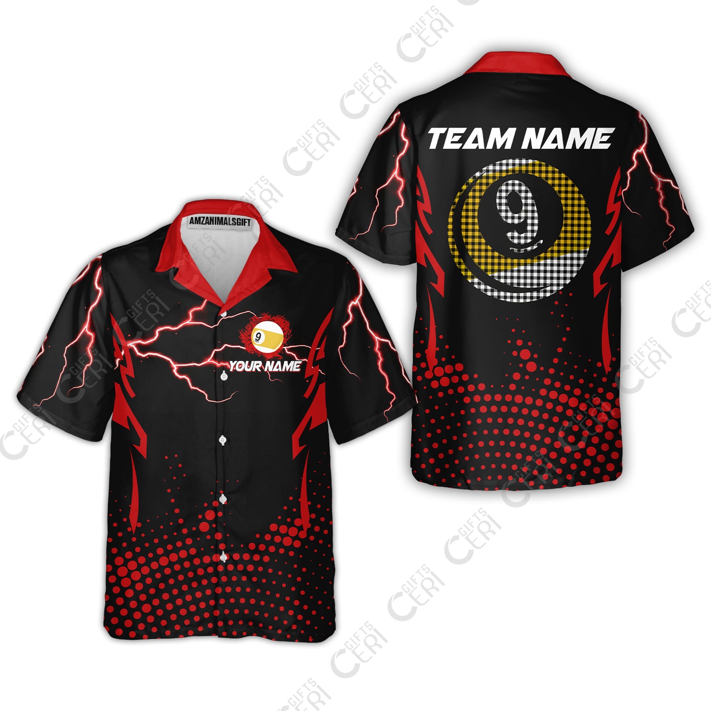 Customized Billiards Hawaiian Shirt, Lightning Graphics With Dots 9 Ball Pool Jersey