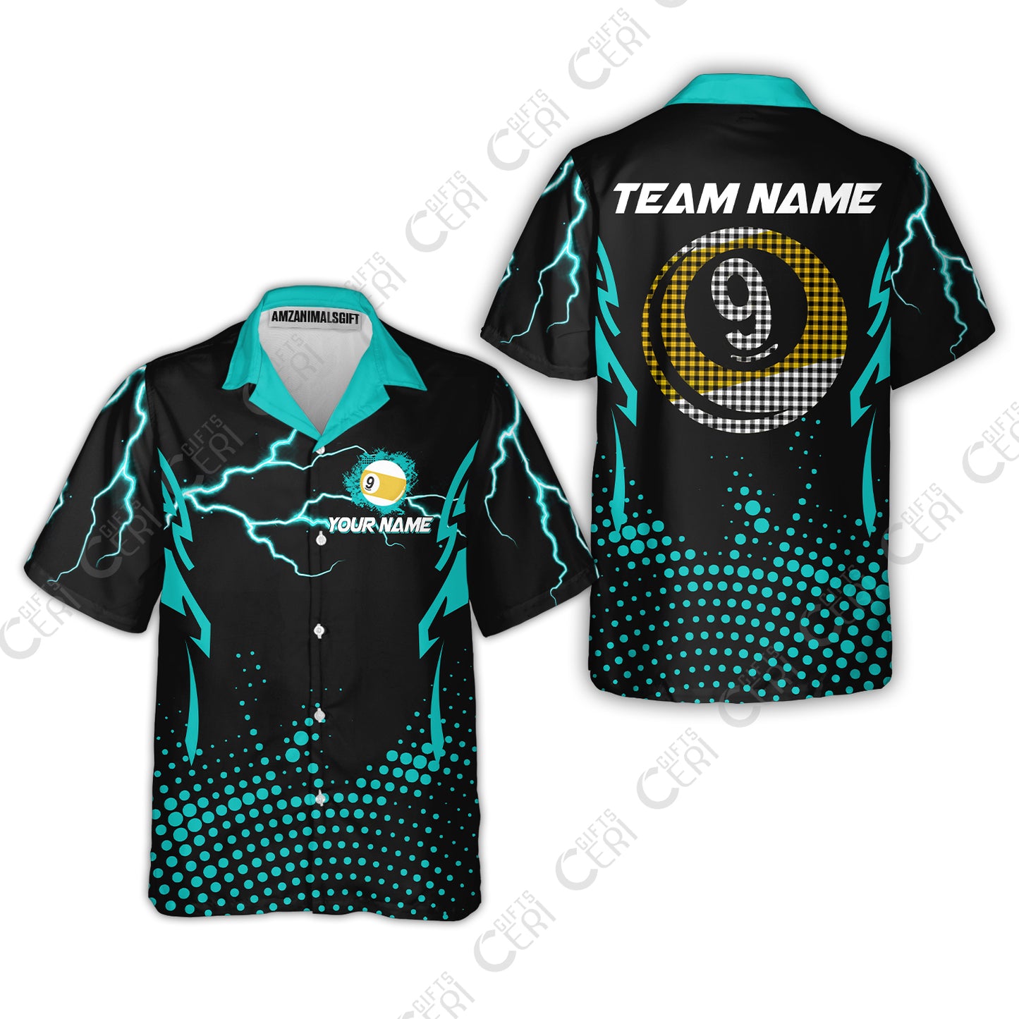 Customized Billiards Hawaiian Shirt, Lightning Graphics With Dots 9 Ball Pool Jersey