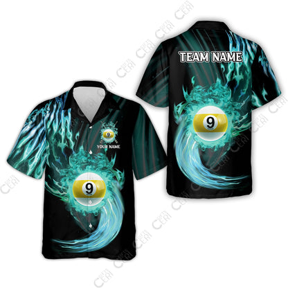 Customized 9 Ball Pool Hawaiian Shirt, 9-Ball Swirling Fire And Glowing Smoke, Billiards Jerseys