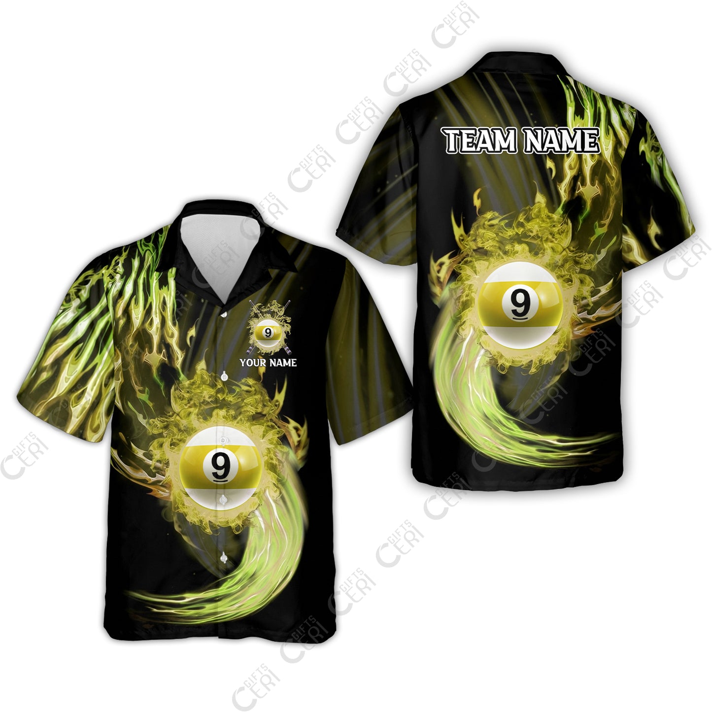 Customized 9 Ball Pool Hawaiian Shirt, 9-Ball Swirling Fire And Glowing Smoke, Billiards Jerseys
