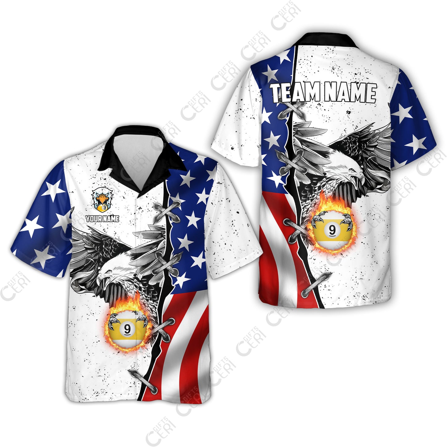 Customized Billiards Hawaiian Shirt, US Flag White Eagle Flame Pin Dust Pattern Personalized Billiard 9 Ball Jersey
