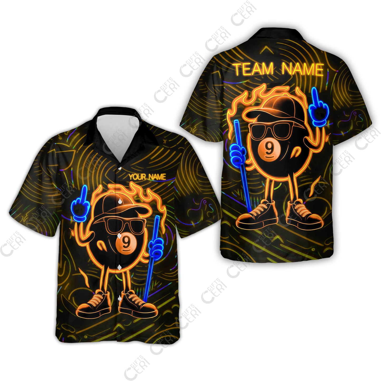 Customized 9 Ball Pool Hawaiian Shirt, 9-Ball Billiard Neon Cartoon Flaming, Billiard Jerseys