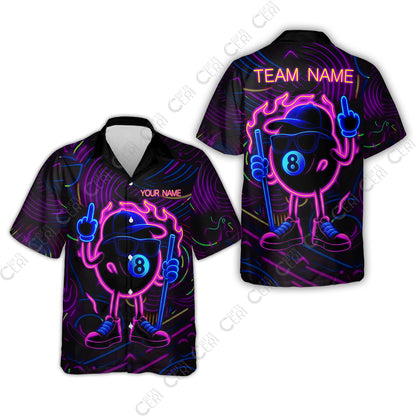 Customized 8 Ball Pool Hawaiian Shirt, 8-Ball Billiard Neon Cartoon Flaming, Billiard Jerseys