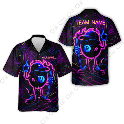 Customized 9 Ball Pool Hawaiian Shirt, 9-Ball Billiard Neon Cartoon Flaming, Billiard Jerseys