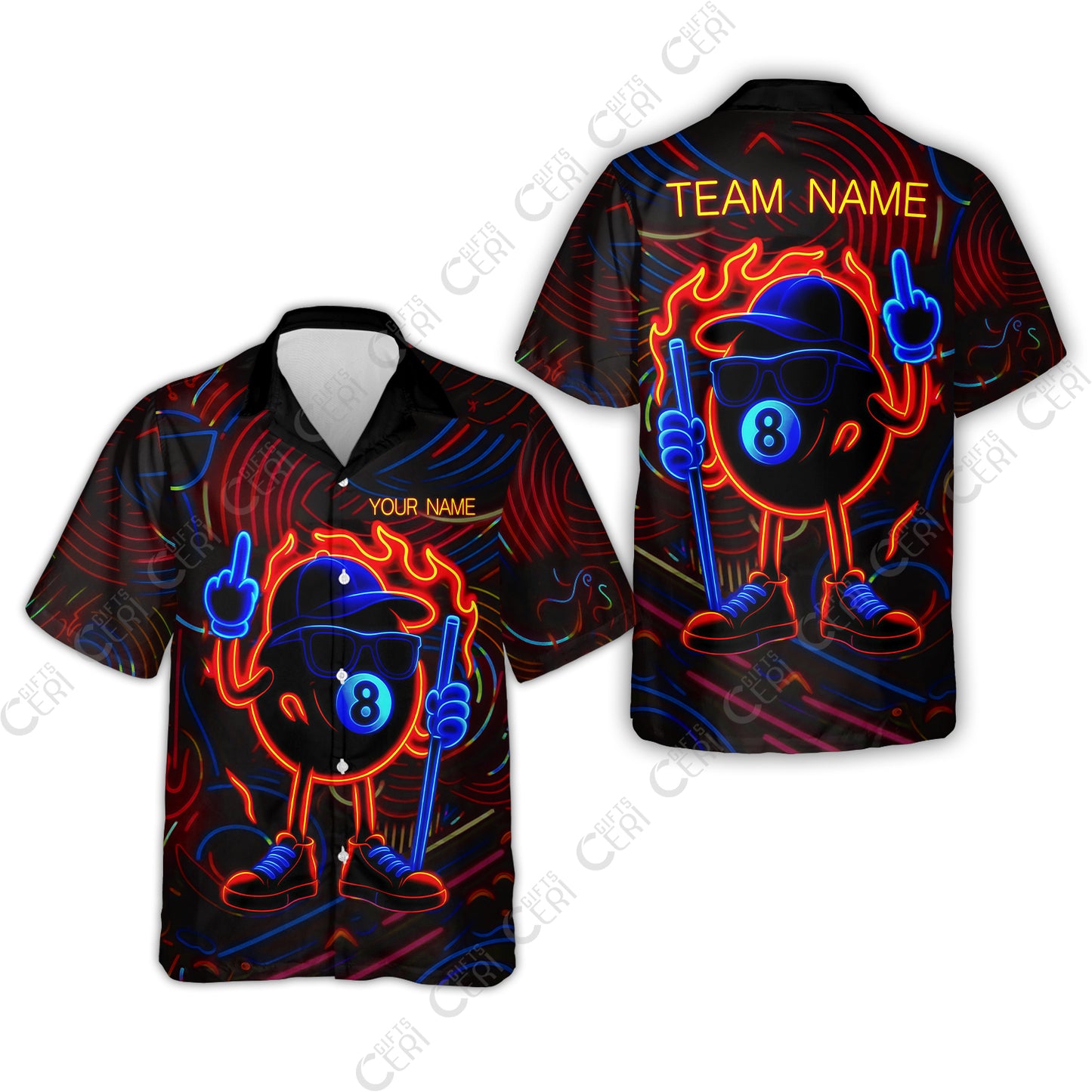 Customized 8 Ball Pool Hawaiian Shirt, 8-Ball Billiard Neon Cartoon Flaming, Billiard Jerseys