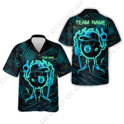 Customized 8 Ball Pool Hawaiian Shirt, 8-Ball Billiard Neon Cartoon Flaming, Billiard Jerseys