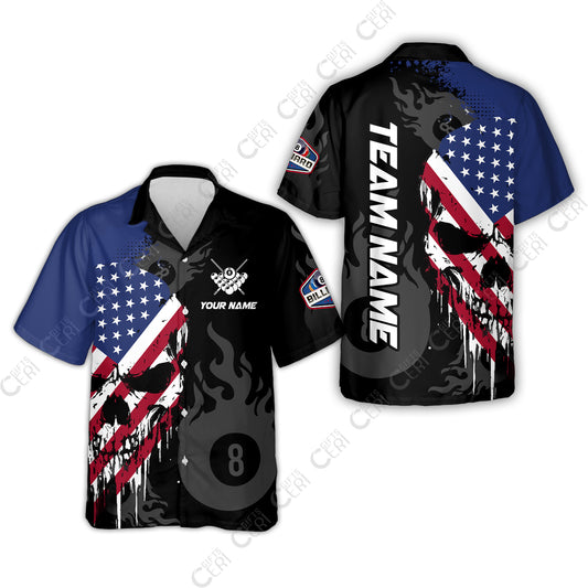 Customized 8 Ball Pool Hawaiian Shirt, Billiards 8-Ball Flame And The Skull With American Flag, Billiards Jerseys