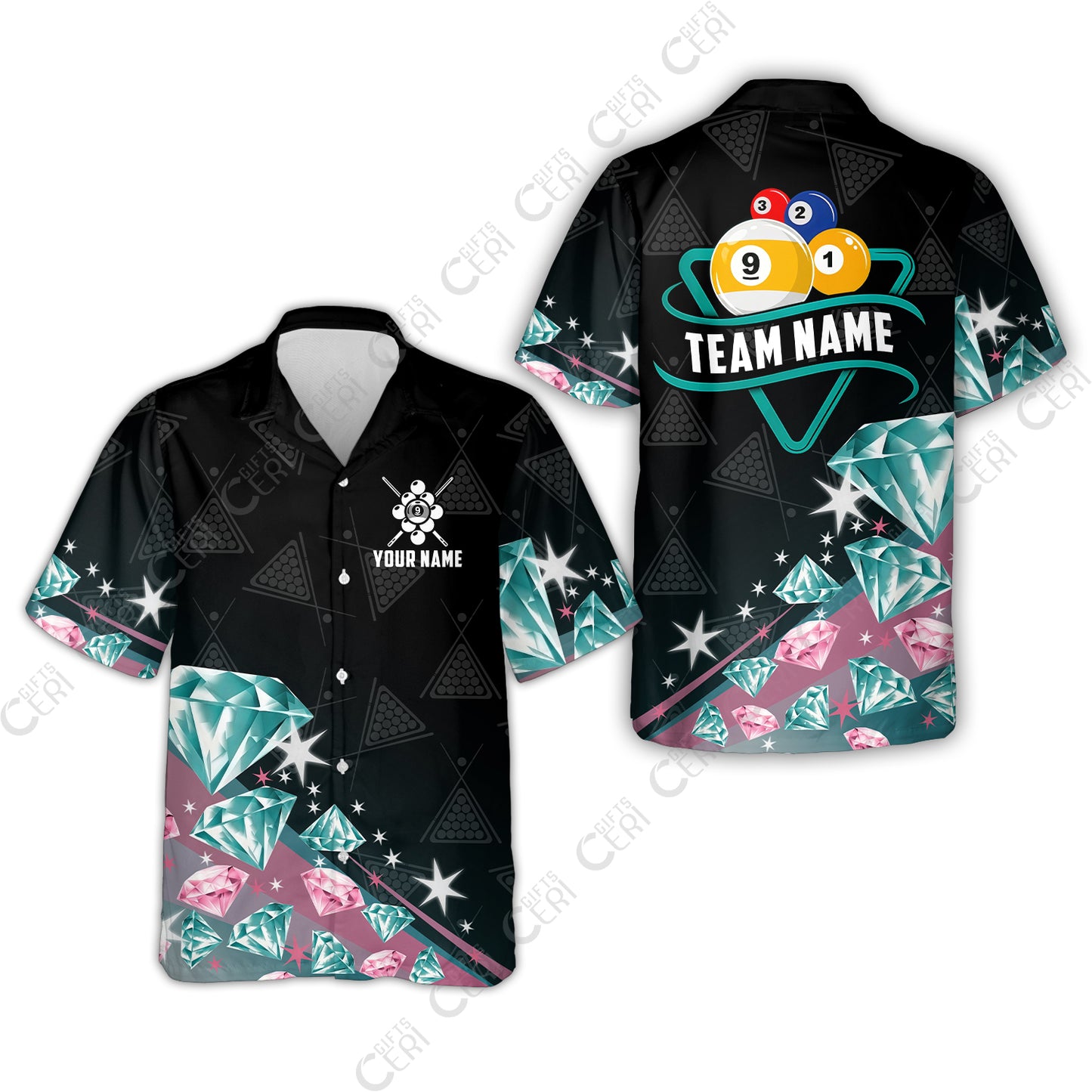 Customized 9 Ball Pool Hawaiian Shirt, Diamonds Billiard 9-Ball, Personalized Billiards Jersey
