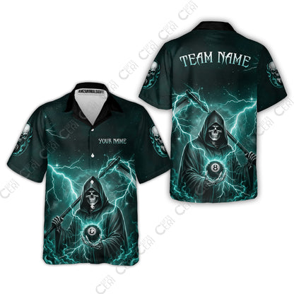 Customized 8 Ball Pool Hawaiian Shirt, Lightning And Flame Grim Reaper With 8 Ball, Personalized Billiards Jersey