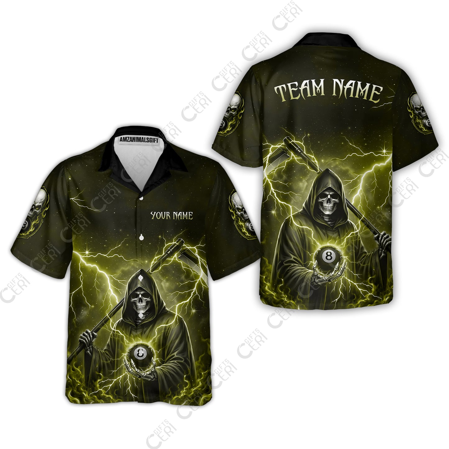 Customized 8 Ball Pool Hawaiian Shirt, Lightning And Flame Grim Reaper With 8 Ball, Personalized Billiards Jersey
