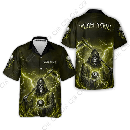 Customized 8 Ball Pool Hawaiian Shirt, Lightning And Flame Grim Reaper With 8 Ball, Personalized Billiards Jersey