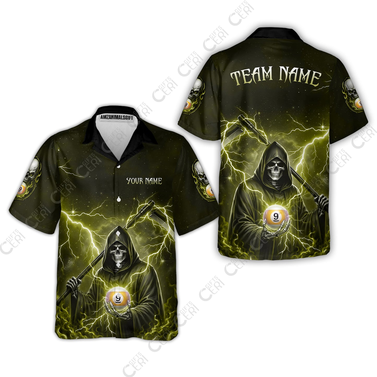 Customized 9 Ball Pool Hawaiian Shirt, Lightning And Flame Grim Reaper With 9 Ball, Personalized Billiards Jersey