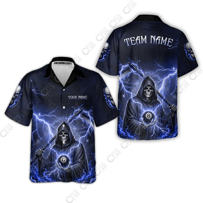 Customized 8 Ball Pool Hawaiian Shirt, Lightning And Flame Grim Reaper With 8 Ball, Personalized Billiards Jersey