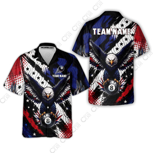 Customized 8 Ball Pool Hawaiian Shirt, Eagle Holding Ball American Flag 8-ball, Personalized Billiards Jersey