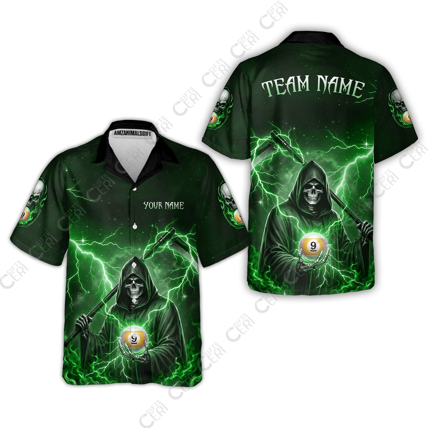 Customized 9 Ball Pool Hawaiian Shirt, Lightning And Flame Grim Reaper With 9 Ball, Personalized Billiards Jersey