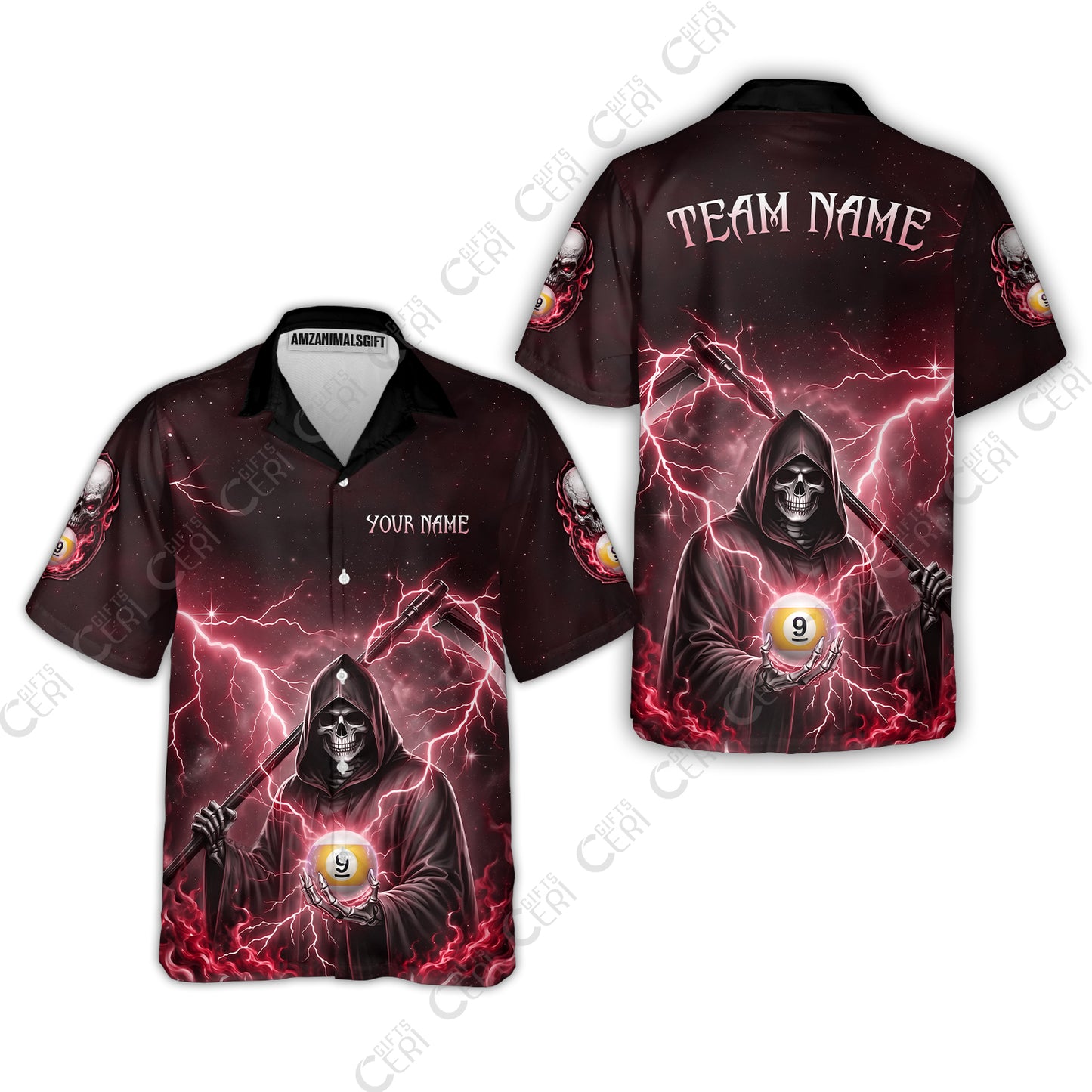 Customized 9 Ball Pool Hawaiian Shirt, Lightning And Flame Grim Reaper With 9 Ball, Personalized Billiards Jersey