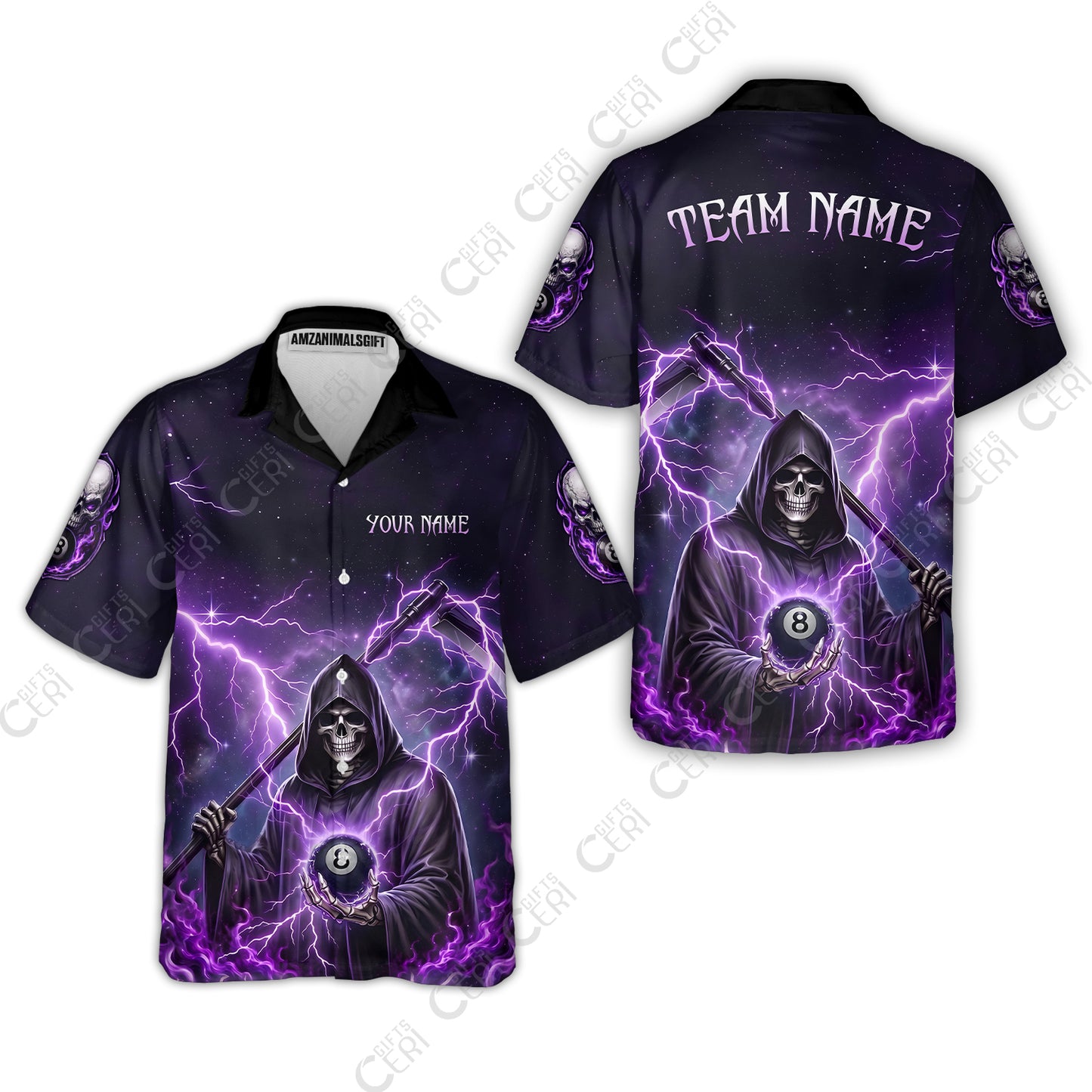 Customized 8 Ball Pool Hawaiian Shirt, Lightning And Flame Grim Reaper With 8 Ball, Personalized Billiards Jersey
