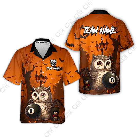 Customized 8 Ball Pool Hawaiian Shirt, Halloween Owl Holding 8-Ball, Personalized Billiards Jersey