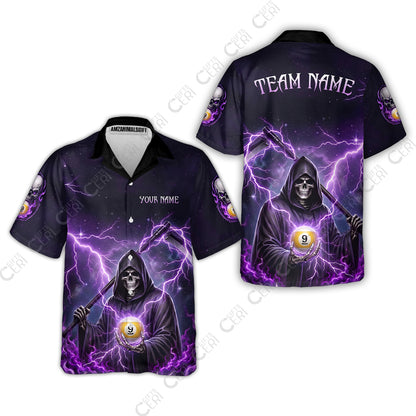 Customized 9 Ball Pool Hawaiian Shirt, Lightning And Flame Grim Reaper With 9 Ball, Personalized Billiards Jersey