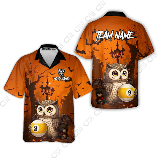 Customized 9 Ball Pool Hawaiian Shirt, Halloween Owl Holding 9-Ball, Personalized Billiards Jersey