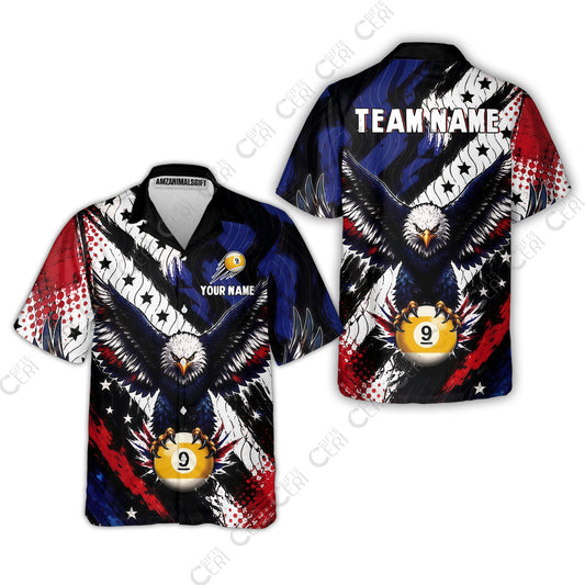 Customized 9 Ball Pool Hawaiian Shirt, Eagle Holding Ball American Flag 9-ball, Personalized Billiards Jersey