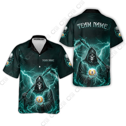Customized 9 Ball Pool Hawaiian Shirt, Lightning And Flame Grim Reaper With 9 Ball, Personalized Billiards Jersey
