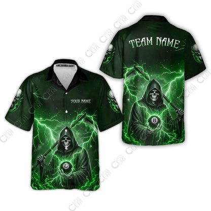 Customized 8 Ball Pool Hawaiian Shirt, Lightning And Flame Grim Reaper With 8 Ball, Personalized Billiards Jersey