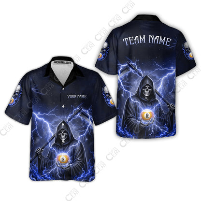 Customized 9 Ball Pool Hawaiian Shirt, Lightning And Flame Grim Reaper With 9 Ball, Personalized Billiards Jersey