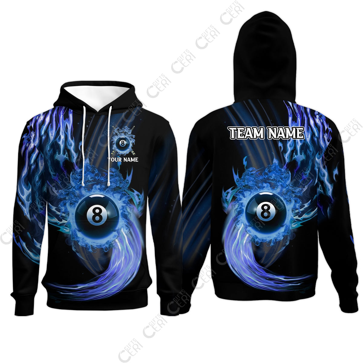 Customized 8 Ball Pool Hoodies, 8-Ball Swirling Fire And Glowing Smoke, Billiards Jerseys