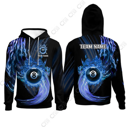 Customized 8 Ball Pool Hoodies, 8-Ball Swirling Fire And Glowing Smoke, Billiards Jerseys