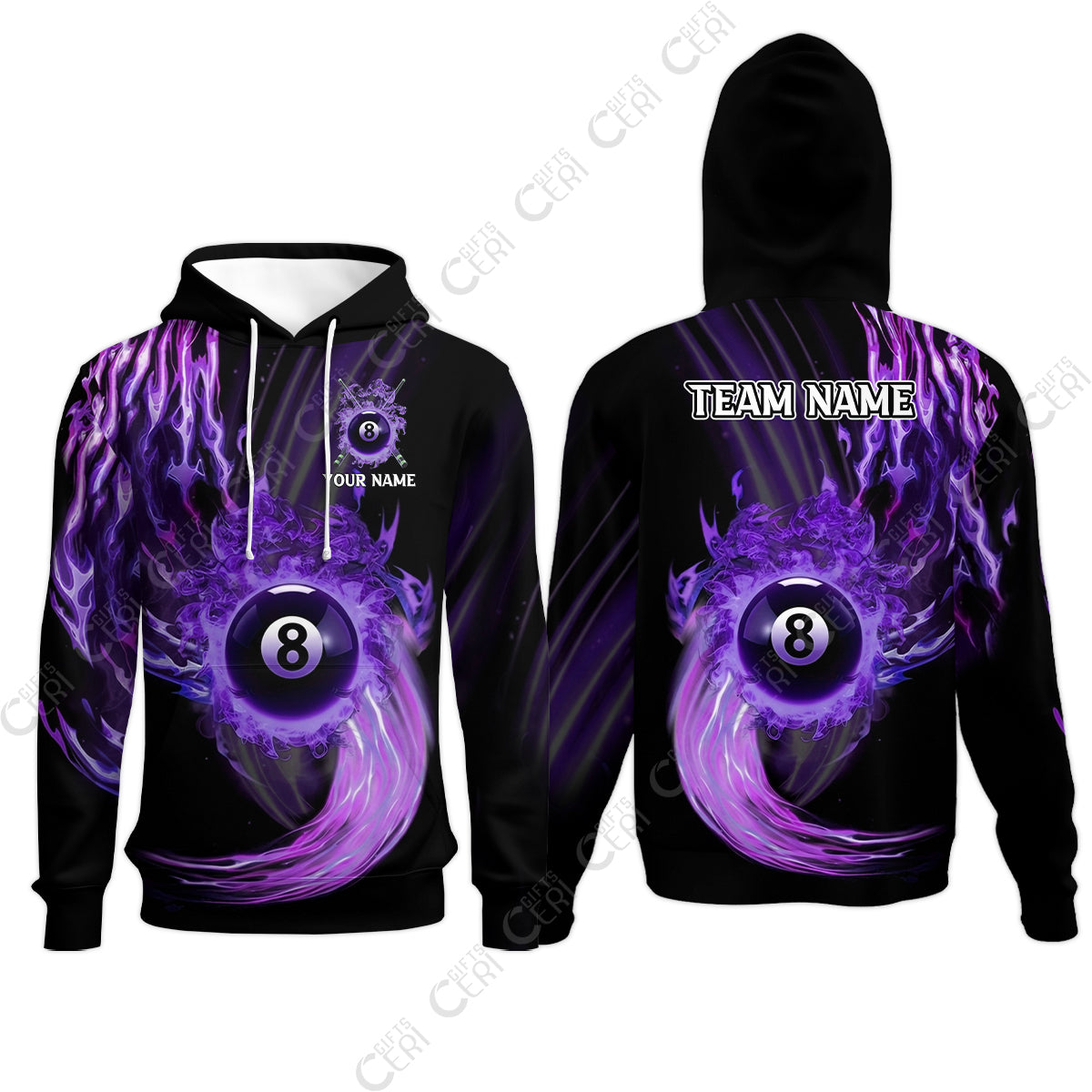 Customized 8 Ball Pool Hoodies, 8-Ball Swirling Fire And Glowing Smoke, Billiards Jerseys