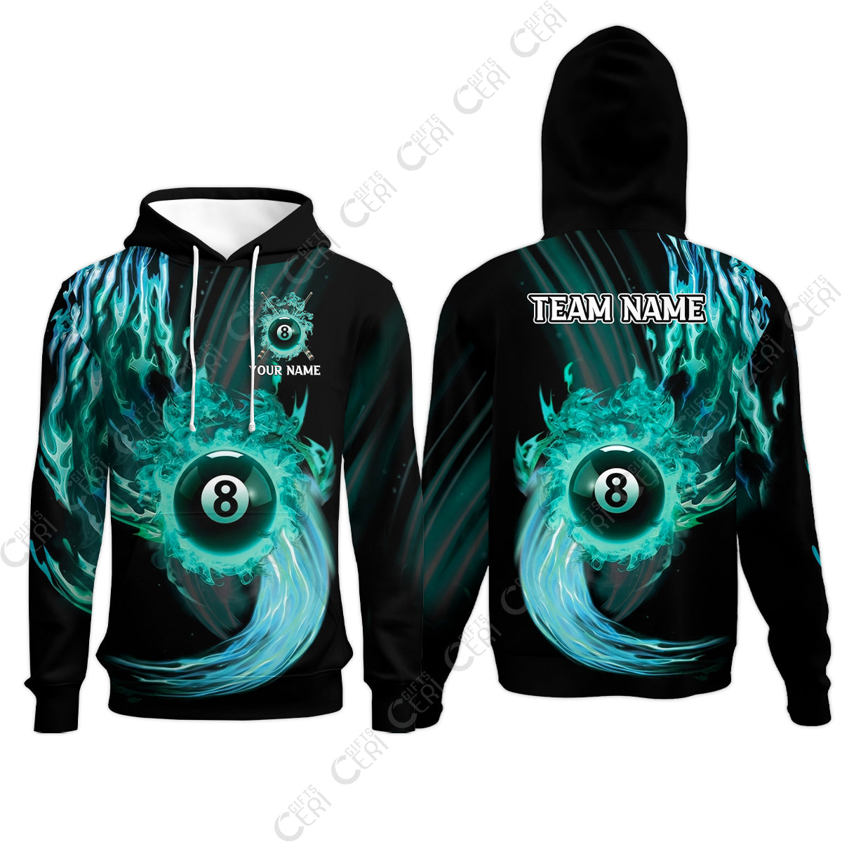 Customized 8 Ball Pool Hoodies, 8-Ball Swirling Fire And Glowing Smoke, Billiards Jerseys
