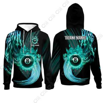 Customized 8 Ball Pool Hoodies, 8-Ball Swirling Fire And Glowing Smoke, Billiards Jerseys