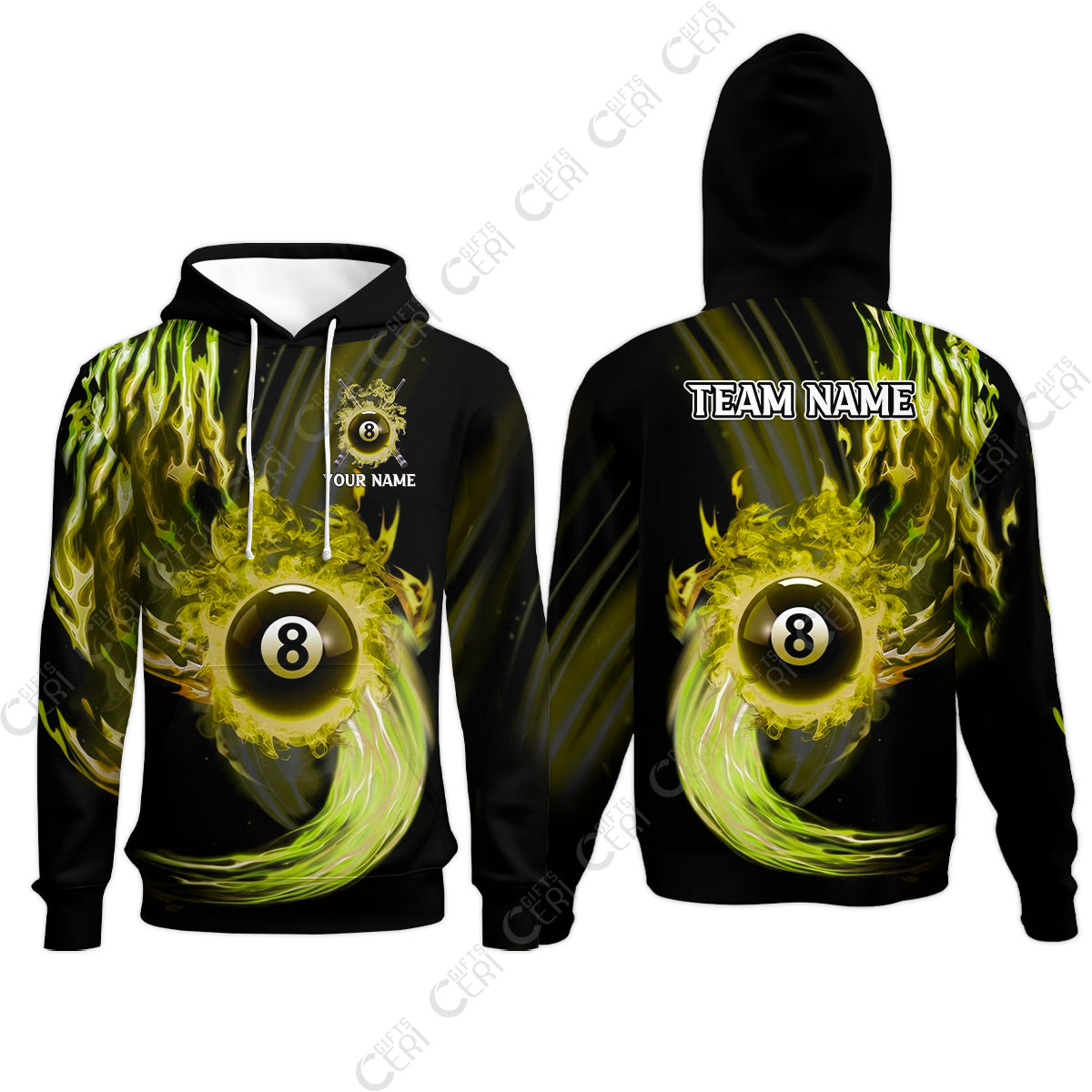 Customized 8 Ball Pool Hoodies, 8-Ball Swirling Fire And Glowing Smoke, Billiards Jerseys