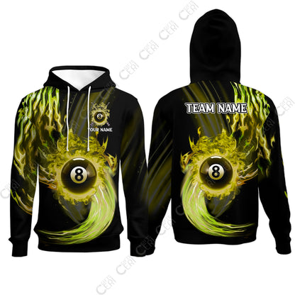 Customized 8 Ball Pool Hoodies, 8-Ball Swirling Fire And Glowing Smoke, Billiards Jerseys