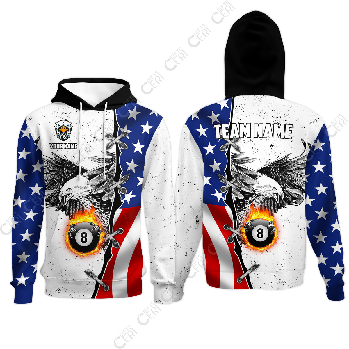 Customized Billiards Hoodies, US Flag White Eagle Flame Pin Dust Pattern Personalized Billiard 8 Ball Jersey