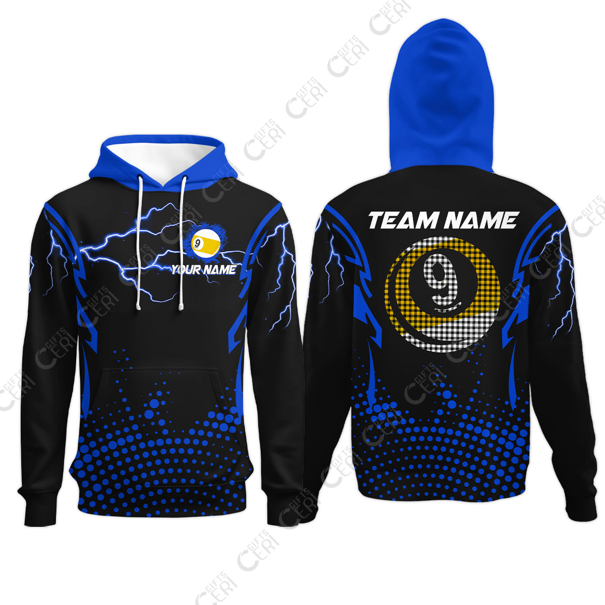 Customized Billiards Hoodies, Lightning Graphics With Dots 9 Ball Pool Jersey