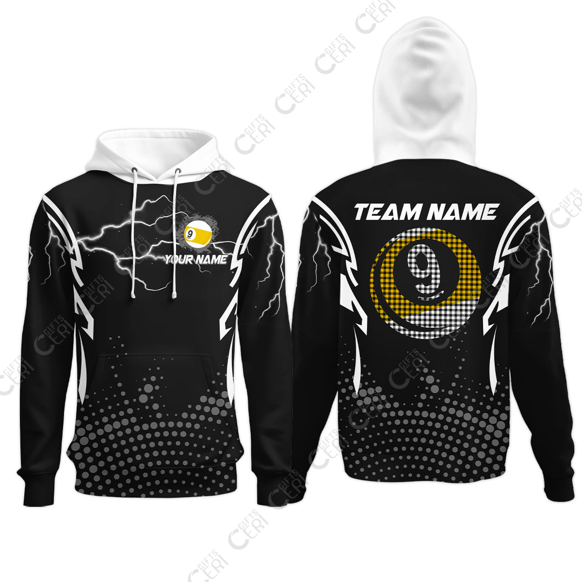 Customized Billiards Hoodies, Lightning Graphics With Dots 9 Ball Pool Jersey