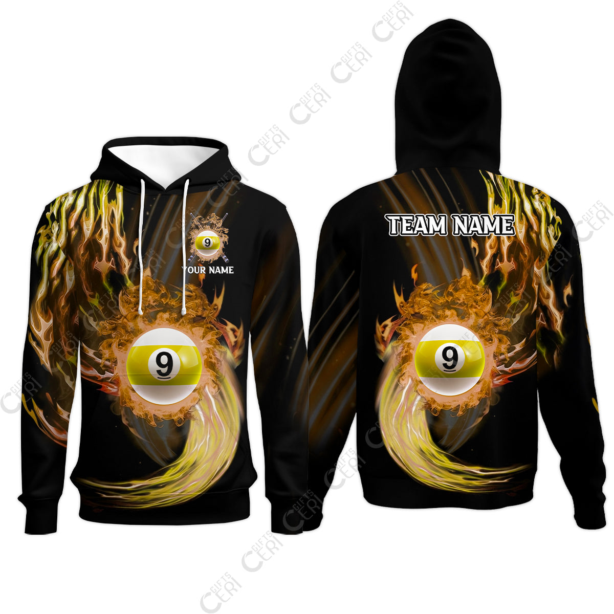 Customized 9 Ball Pool Hoodies, 9-Ball Swirling Fire And Glowing Smoke, Billiards Jerseys