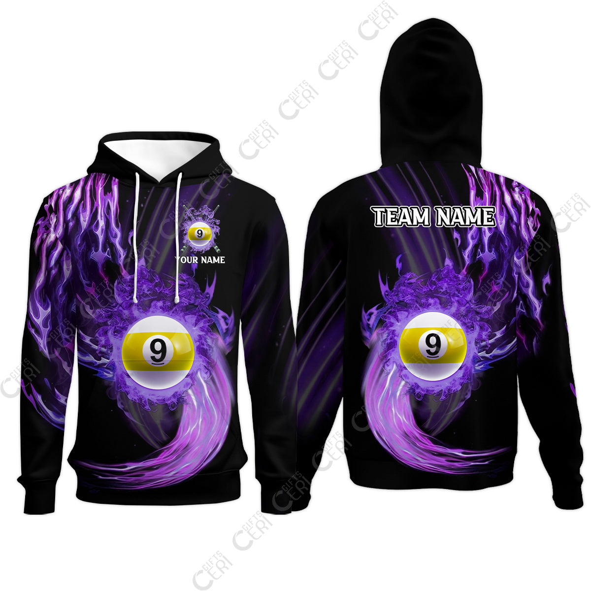 Customized 9 Ball Pool Hoodies, 9-Ball Swirling Fire And Glowing Smoke, Billiards Jerseys