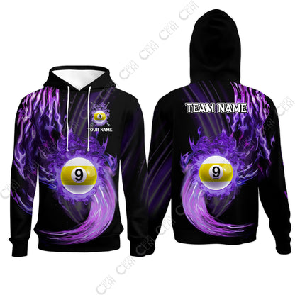 Customized 9 Ball Pool Hoodies, 9-Ball Swirling Fire And Glowing Smoke, Billiards Jerseys
