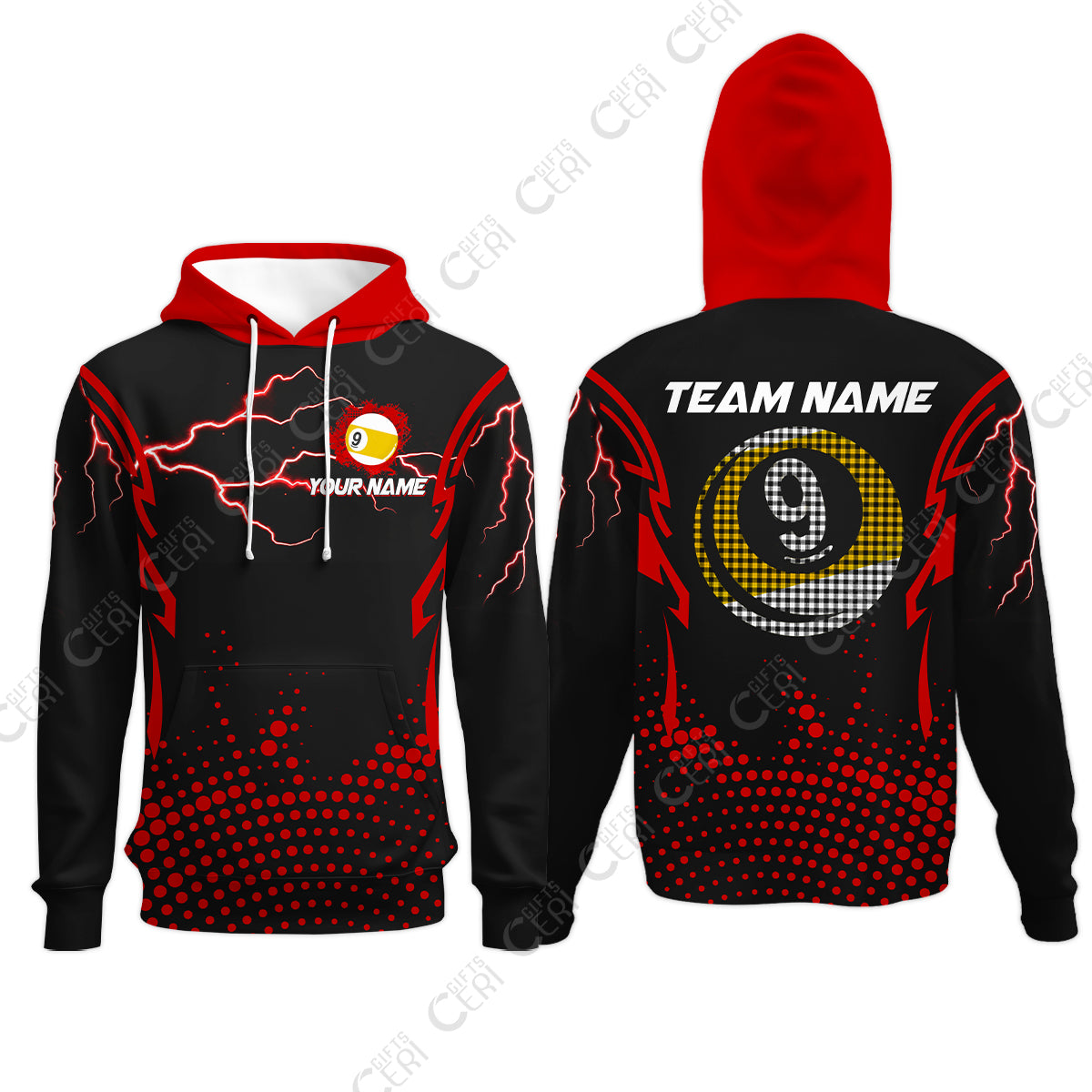 Customized Billiards Hoodies, Lightning Graphics With Dots 9 Ball Pool Jersey