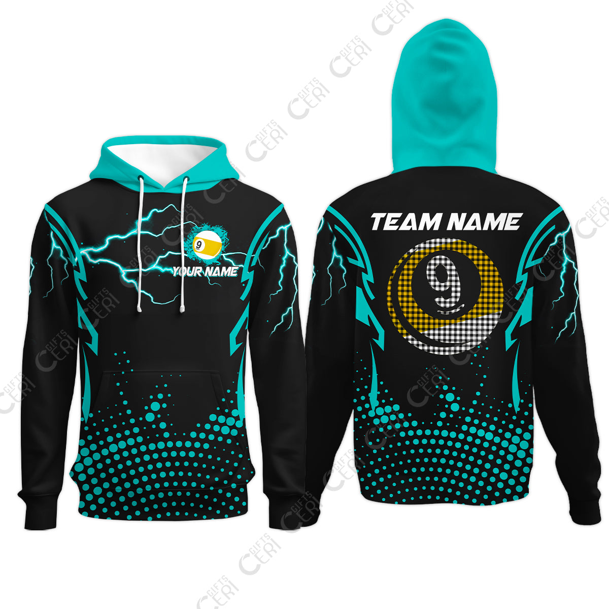 Customized Billiards Hoodies, Lightning Graphics With Dots 9 Ball Pool Jersey