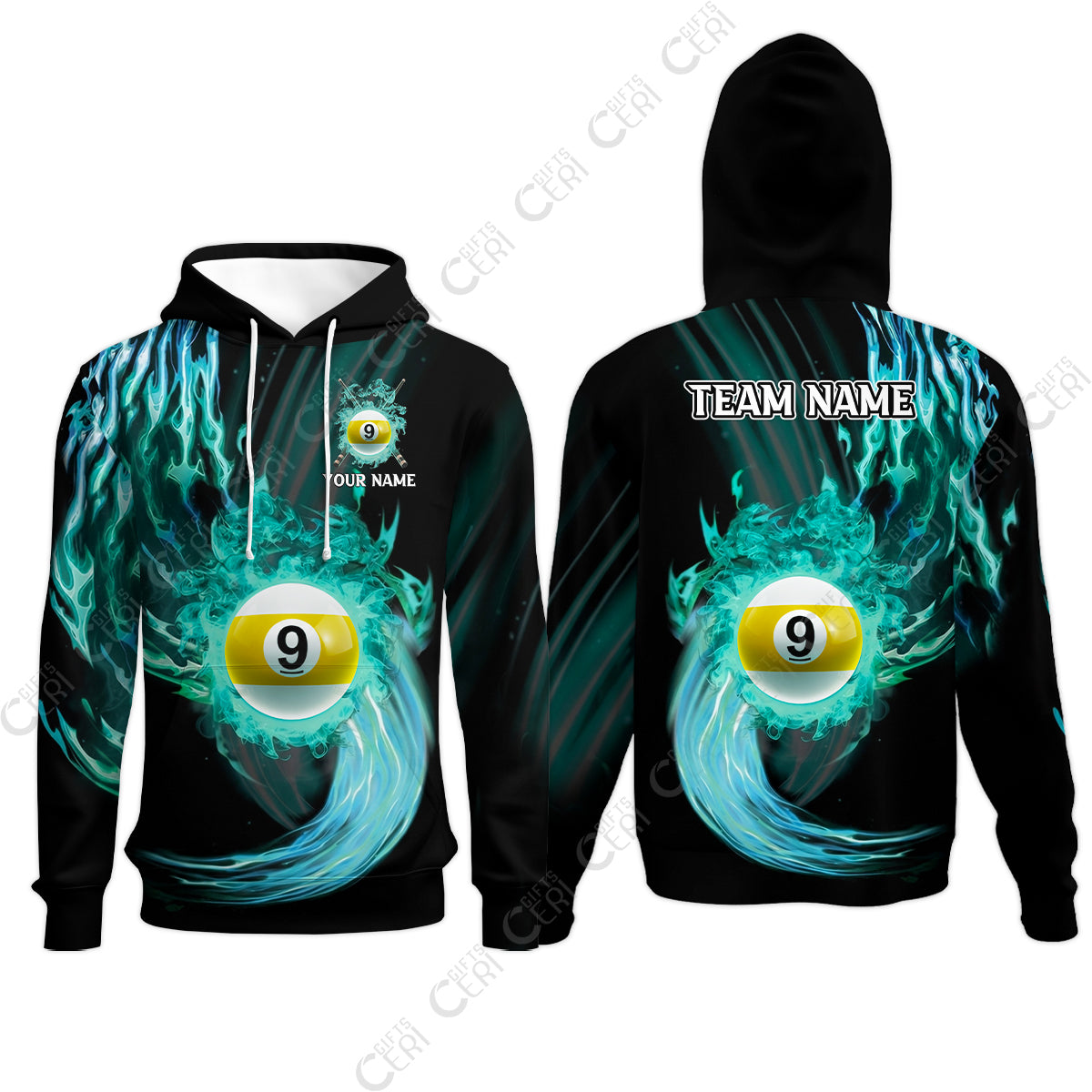 Customized 9 Ball Pool Hoodies, 9-Ball Swirling Fire And Glowing Smoke, Billiards Jerseys