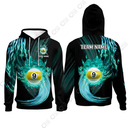 Customized 9 Ball Pool Hoodies, 9-Ball Swirling Fire And Glowing Smoke, Billiards Jerseys