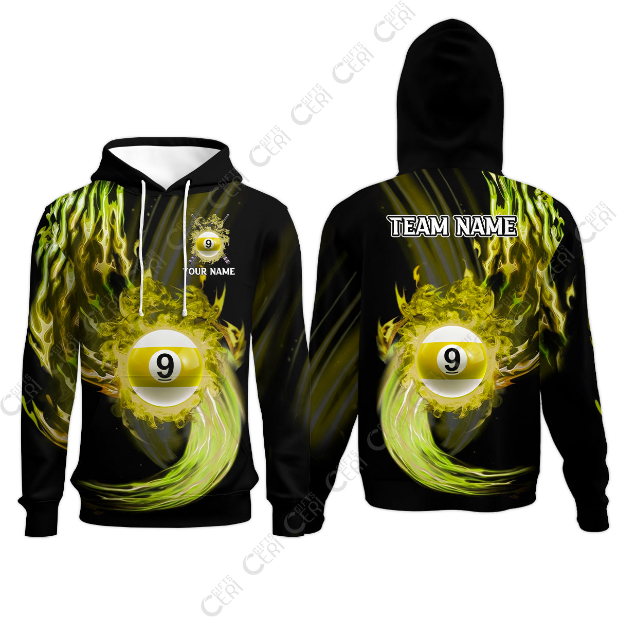 Customized 9 Ball Pool Hoodies, 9-Ball Swirling Fire And Glowing Smoke, Billiards Jerseys