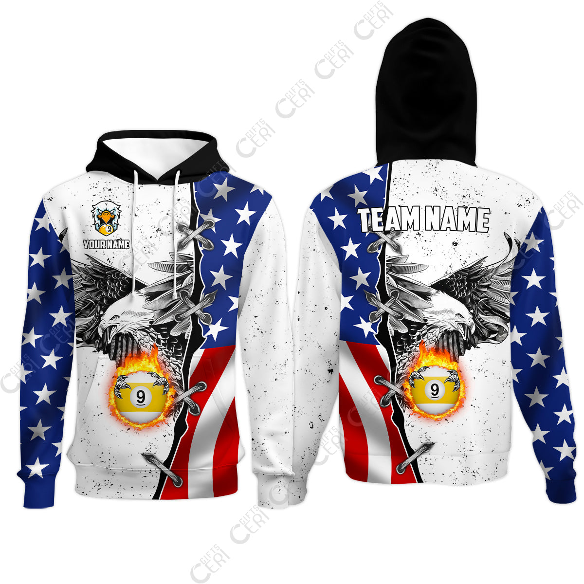 Customized Billiards Hoodies, US Flag White Eagle Flame Pin Dust Pattern Personalized Billiard 9 Ball Jersey